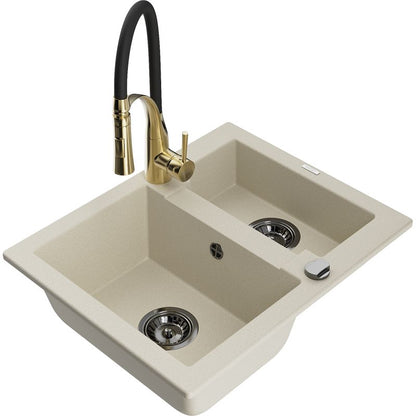 Mexen Carlos granitvask 1,5-kammers med Aster køkkenarmatur i beige, 1 sæt