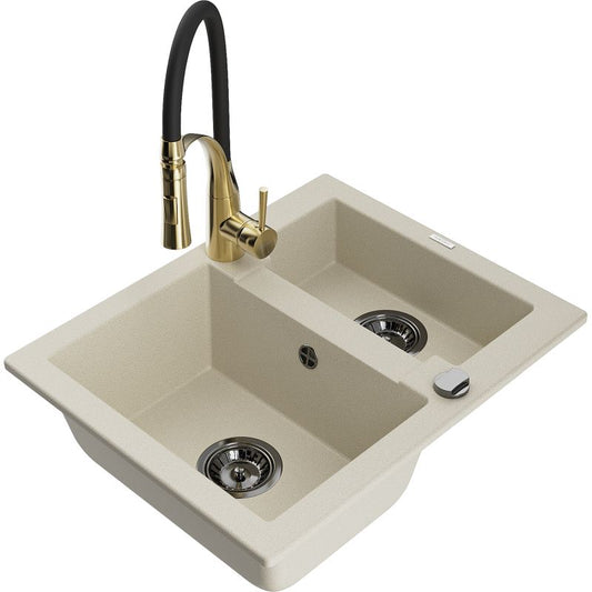 Mexen Carlos granitvask 1,5-kammers med Aster køkkenarmatur i beige, 1 sæt