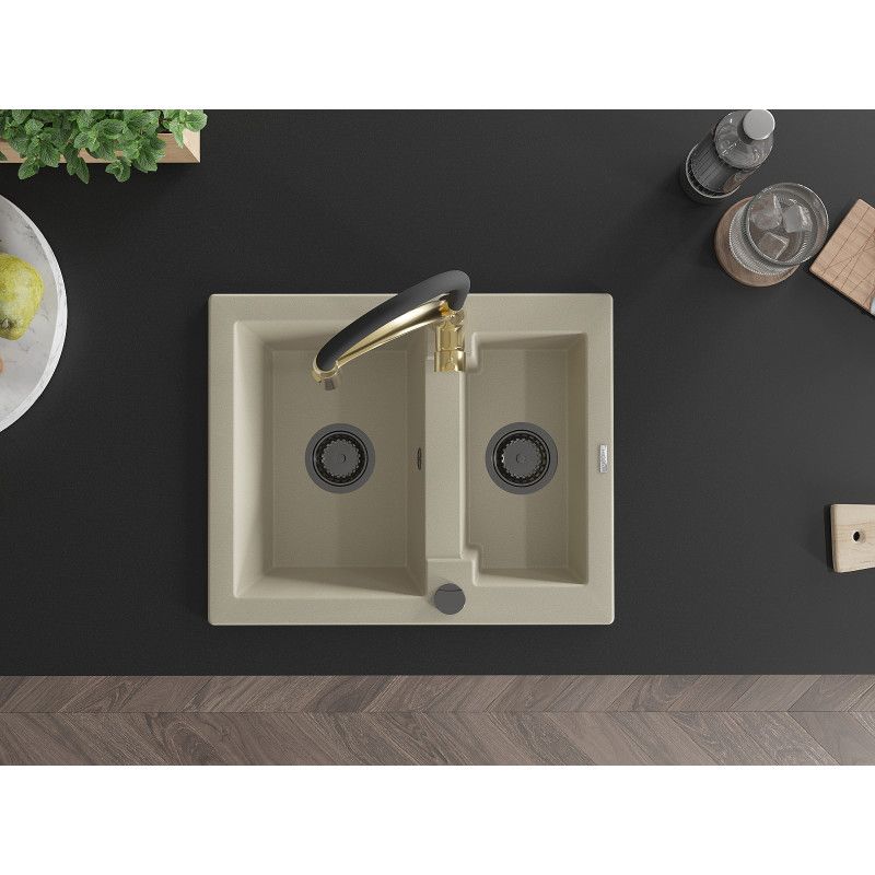 Mexen Carlos granitvask 1,5-kammers med Aster køkkenarmatur i beige, 1 sæt