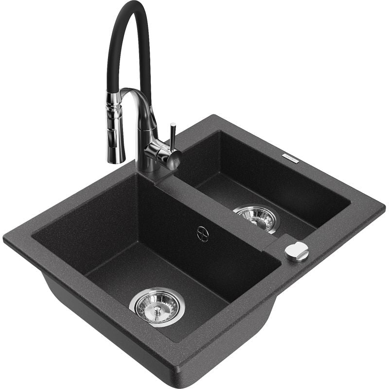 Granitsænke 1,5-komor med Mexen Carlos og Aster køkkenarmatur, sort med prikker, 1 sæt