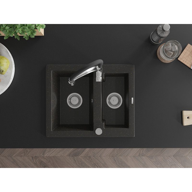 Granitsænke 1,5-kammers Mexen Carlos med Aster køkkenarmatur, sort/guldmetallic, 1 sæt