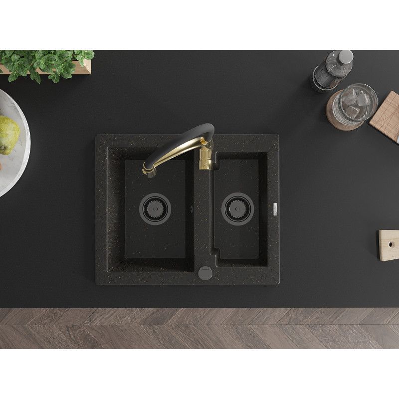 Granitsænke 1,5-kammer Mexen Carlos med Aster køkkenarmatur, sort/guld metalik, 1 sæt