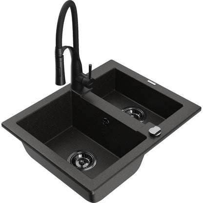 Granitsink 1,5-kammers Mexen Carlos med Aster køkkenarmatur, sort/guld metalik, 1 sæt