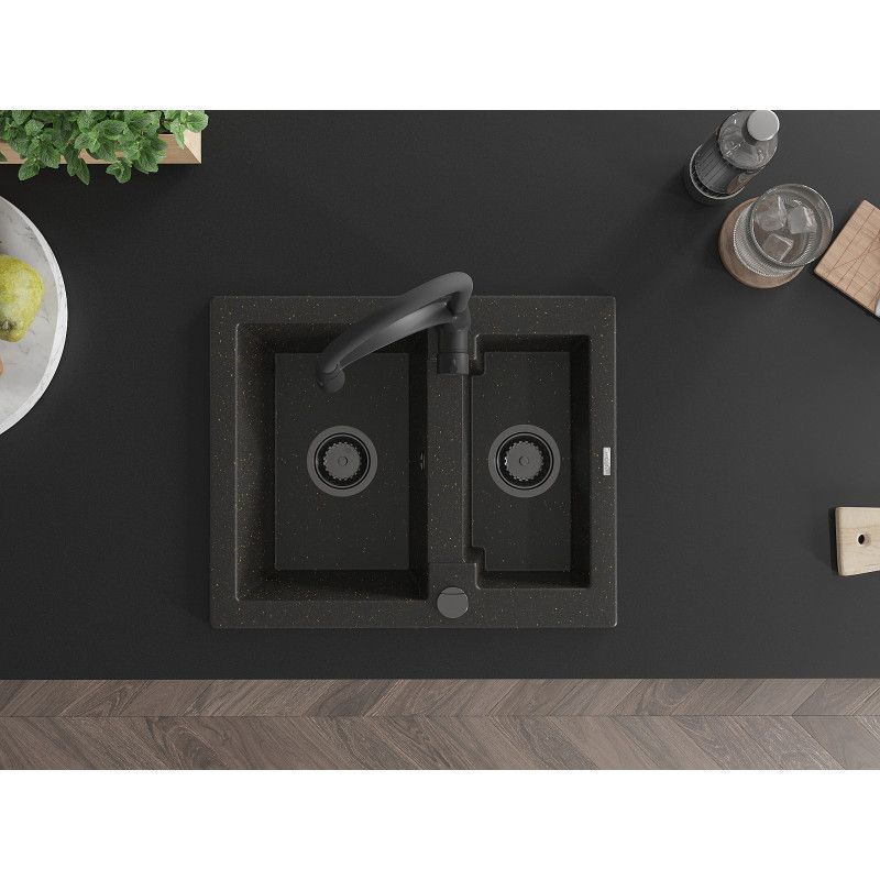 Granitsink 1,5-kammers Mexen Carlos med Aster køkkenarmatur, sort/guld metalik, 1 sæt