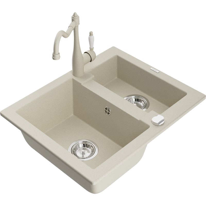 Granitsæbe 1,5-kamret Mexen Carlos med Carla køkkenarmatur i beige, 1 sæt