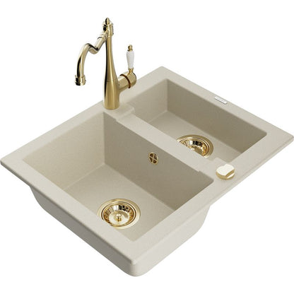 Granitsænke 1,5-kammer Mexen Carlos med Carla køkkenarmatur i beige, 1 sæt