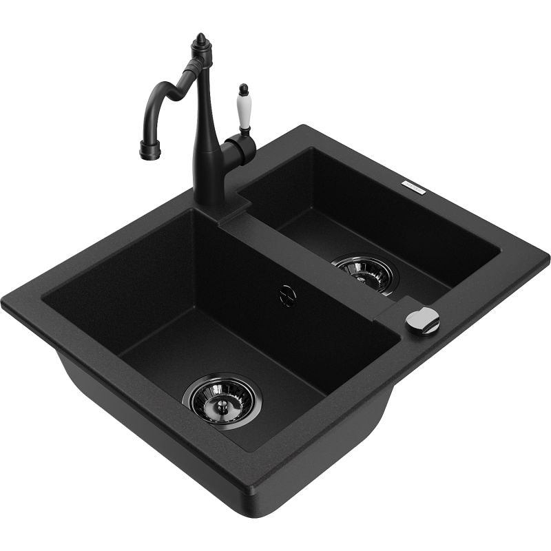 Granitsænke Mexen Carlos 1,5-kammer med sort Carla køkkenarmatur, 1 sæt