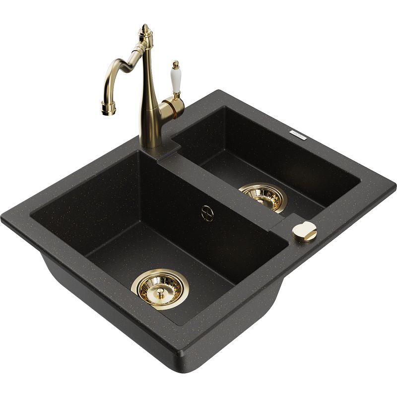 Granitsænke 1,5-kammer Mexen Carlos med køkkenarmatur Carla i sort/guld metalik, 1 sæt