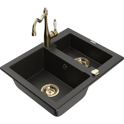 Granitsænke 1,5-kammer Mexen Carlos med køkkenarmatur Carla i sort/guld metalik, 1 sæt