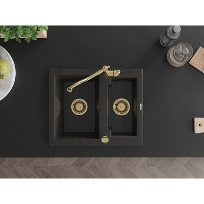 Granitsænke 1,5-kammer Mexen Carlos med køkkenarmatur Carla i sort/guld metalik, 1 sæt