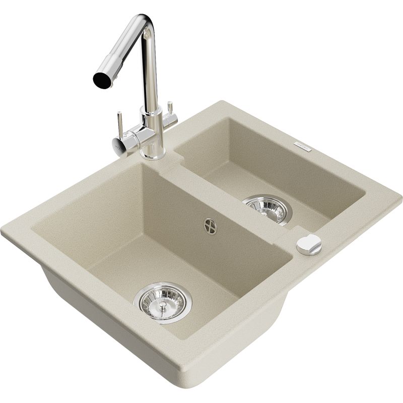 Granitsænke 1,5-kamret Mexen Carlos med Duero køkkenarmatur i beige, 1 sæt