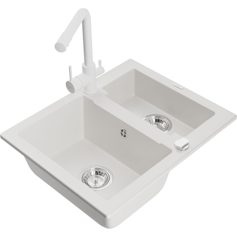 Granitsænke 1,5-kamret Mexen Carlos med Duero køkkenarmatur, hvid, 1 sæt