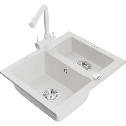 Granitsænke 1,5-kamret Mexen Carlos med Duero køkkenarmatur, hvid, 1 sæt