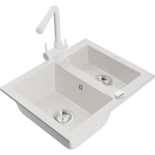 Granitsænke 1,5-kamret Mexen Carlos med Duero køkkenarmatur, hvid, 1 sæt