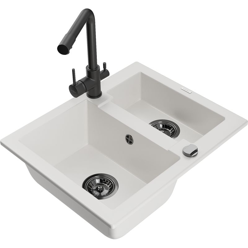 Mexen Carlos 1,50-kammers granitvask med Duero køkkenarmatur, hvid, 1 sæt