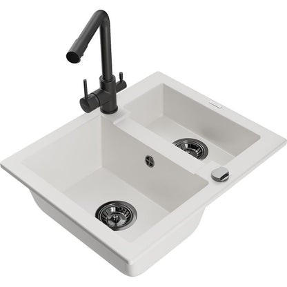 Mexen Carlos 1,50-kammers granitvask med Duero køkkenarmatur, hvid, 1 sæt