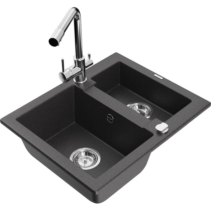 Granitsink 1,5-kammer Mexen Carlos med køkkenarmatur Duero i sort spraglet, 1 sæt