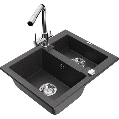 Granitsink 1,5-kammer Mexen Carlos med køkkenarmatur Duero i sort spraglet, 1 sæt