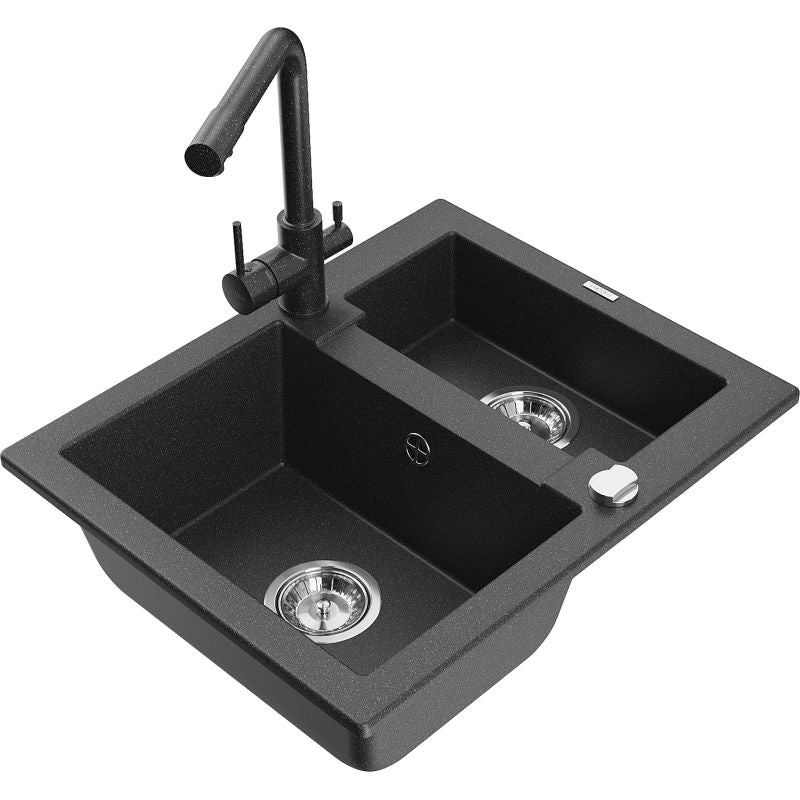Granitsænke 1,5-kammers Mexen Carlos med Duero køkkenarmatur, sort med prikker, 1 sæt