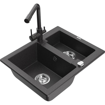 Granitsænke 1,5-kammers Mexen Carlos med Duero køkkenarmatur, sort med prikker, 1 sæt