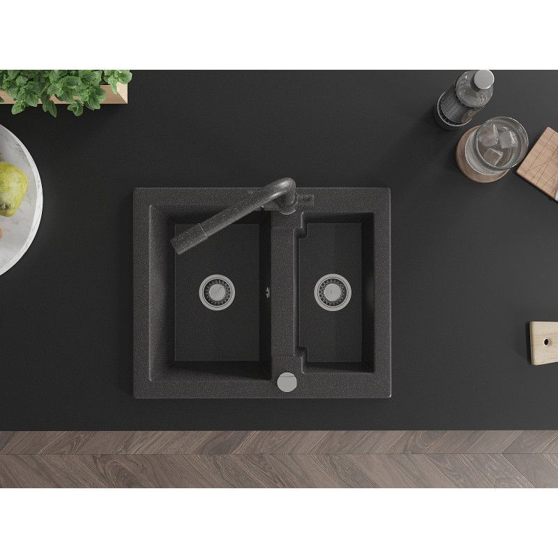 Granitsænke 1,5-kammers Mexen Carlos med Duero køkkenarmatur, sort med prikker, 1 sæt