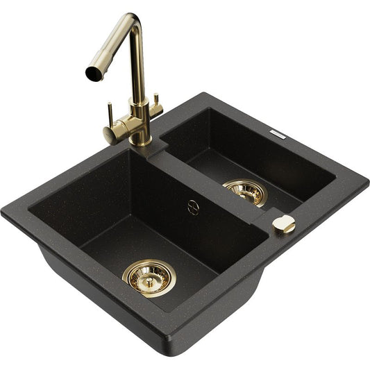 Granitsænke 1,5-kammer Mexen Carlos med Duero køkkenarmatur i sort/guld metalik, 1 sæt