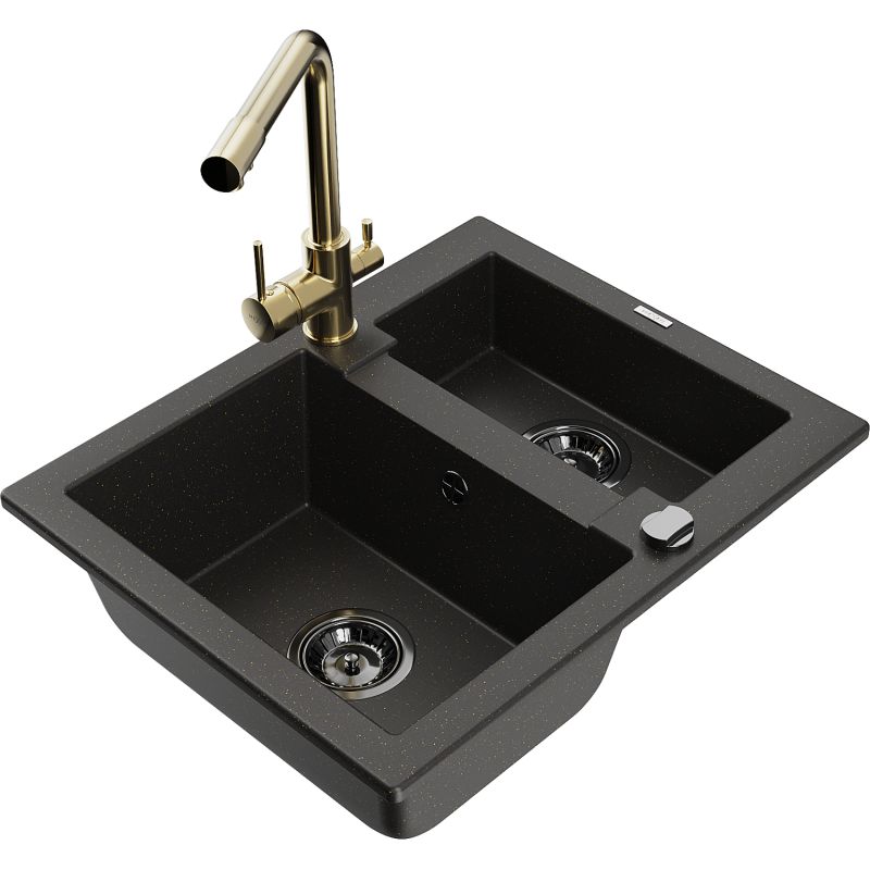 Granitvask 1,5-kammer Mexen Carlos med Duero køkkenarmatur, sort/guld metalik, 1 sæt
