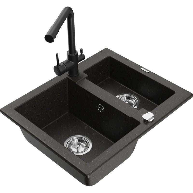 Granitsænke 1,5-kammer Mexen Carlos med køkkenarmatur Duero i sort/guldmetallic, 1 sæt