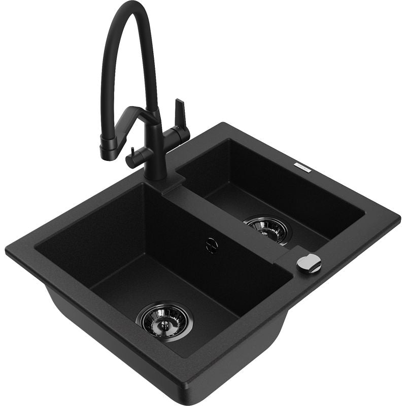 Granitsænke 1,5-kammer Mexen Carlos med Duo køkkenarmatur, sort, 1 sæt