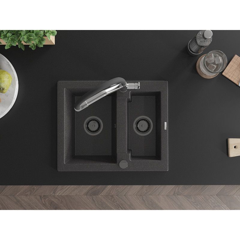 Mexen Carlos granitvask 1,5-kammer med Duo køkkenarmatur, sort spraglet, 1 sæt