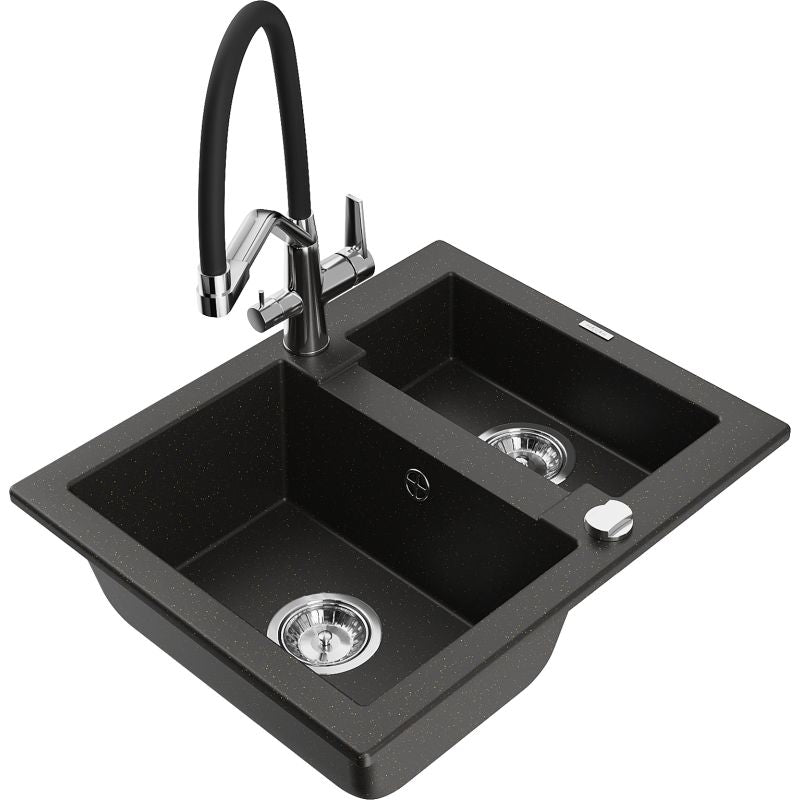 Granitsænke 1,5-kammer Mexen Carlos med Duo køkkenarmatur, sort/guld metalik, 1 sæt