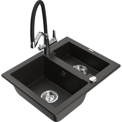 Granitsænke 1,5-kammer Mexen Carlos med Duo køkkenarmatur, sort/guld metalik, 1 sæt