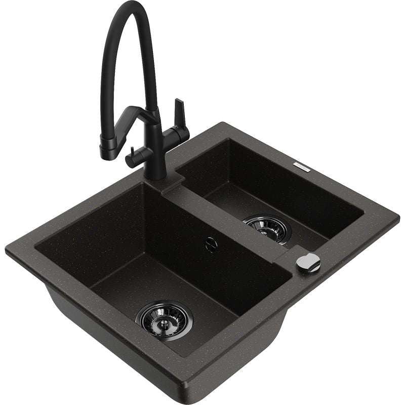 Granitsænke 1,5-kammer Mexen Carlos med Duo køkkenarmatur, sort/guld metalik, 1 sæt