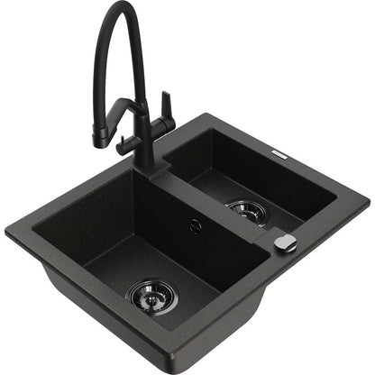 Granitsænke 1,5-kammer Mexen Carlos med Duo køkkenarmatur, sort/guld metalik, 1 sæt