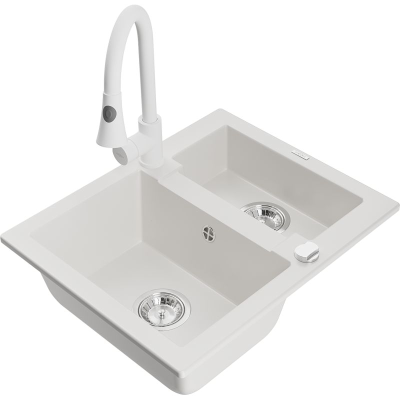 Granitsænke 1,5-kammer Mexen Carlos med Elia køkkenarmatur, hvid, 1 sæt