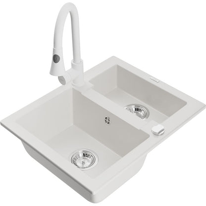 Granitsænke 1,5-kammer Mexen Carlos med Elia køkkenarmatur, hvid, 1 sæt