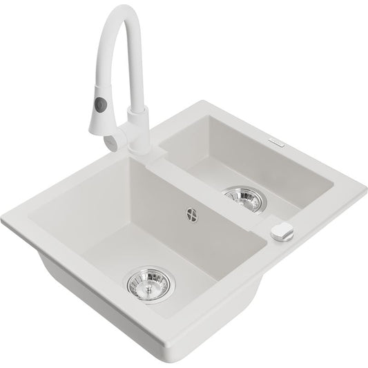 Granitsænke 1,5-kammer Mexen Carlos med Elia køkkenarmatur, hvid, 1 sæt