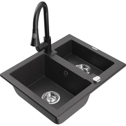 Granitsænke 1,5-komor med Mexen Carlos og Elia køkkenarmatur i sort med prikker, komplet sæt