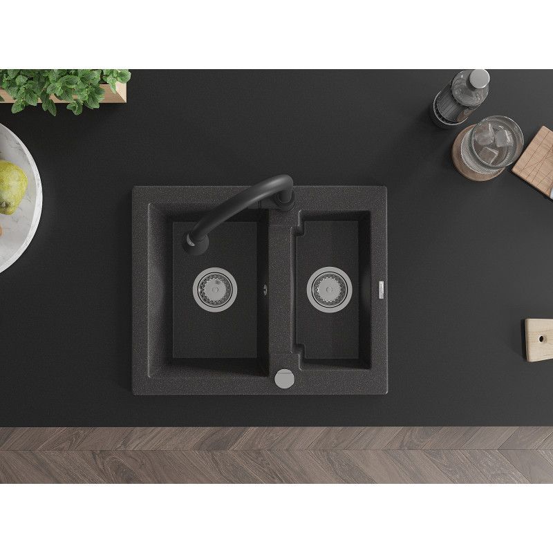 Granitsænke 1,5-komor med Mexen Carlos og Elia køkkenarmatur i sort med prikker, komplet sæt
