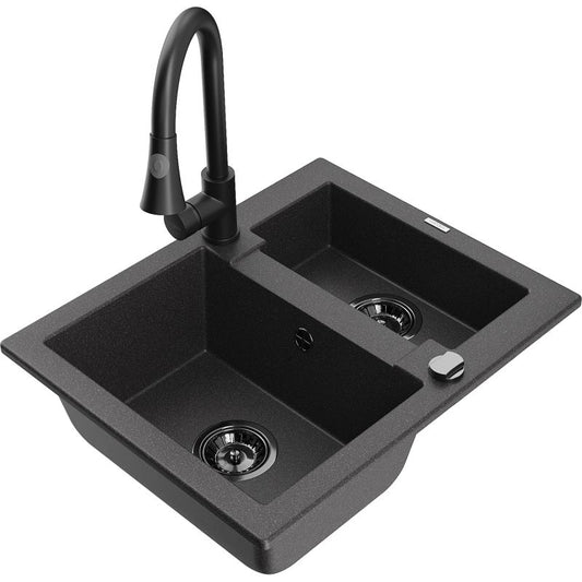 Granitsænke Mexen Carlos 1,5-kammer med Elia køkkenarmatur, sort med prikker, 1 sæt