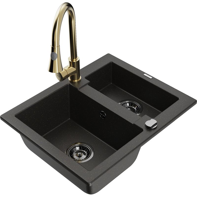 Granitsænke 1,5-kammer Mexen Carlos med køkkenarmatur Elia i sort/guld metalik, 1 sæt