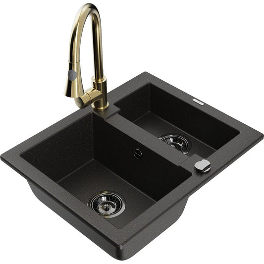 Granitsænke 1,5-kammer Mexen Carlos med køkkenarmatur Elia i sort/guld metalik, 1 sæt