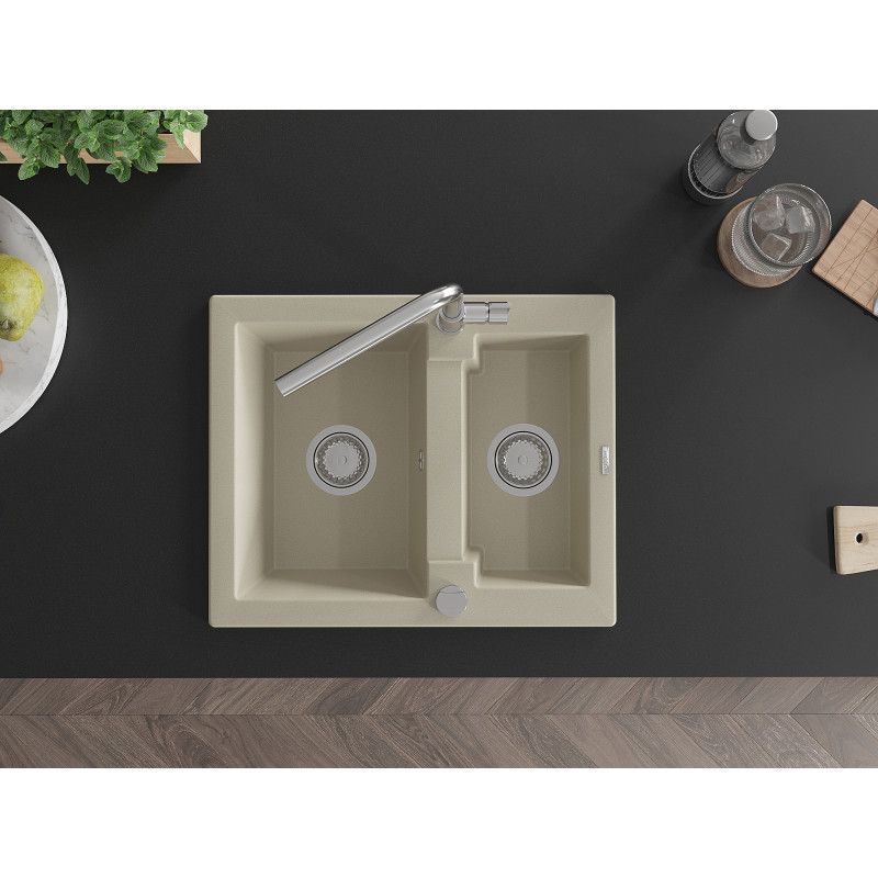 Granitsænke 1,5-kammer Mexen Carlos med Flora køkkenarmatur i beige, 1 sæt