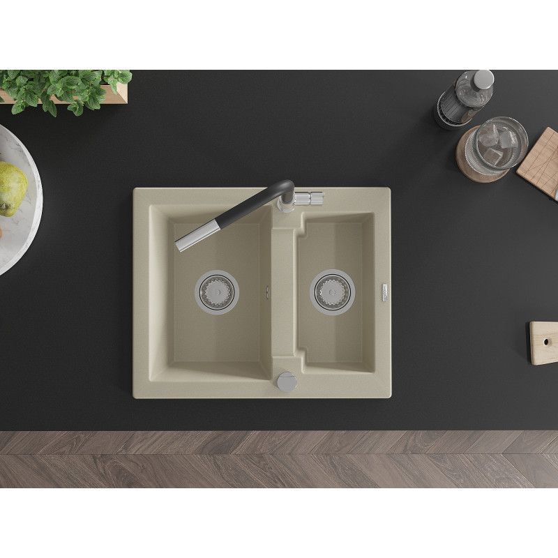 Granitsænke 1,5-kammer Mexen Carlos med Flora køkkenarmatur i beige, 1 sæt