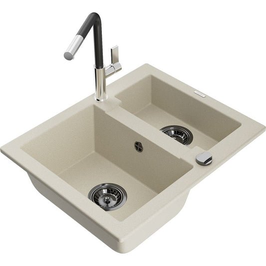 Granitsæbe 1,5-kammer Mexen Carlos med Flora køkkenarmatur i beige, 1 sæt