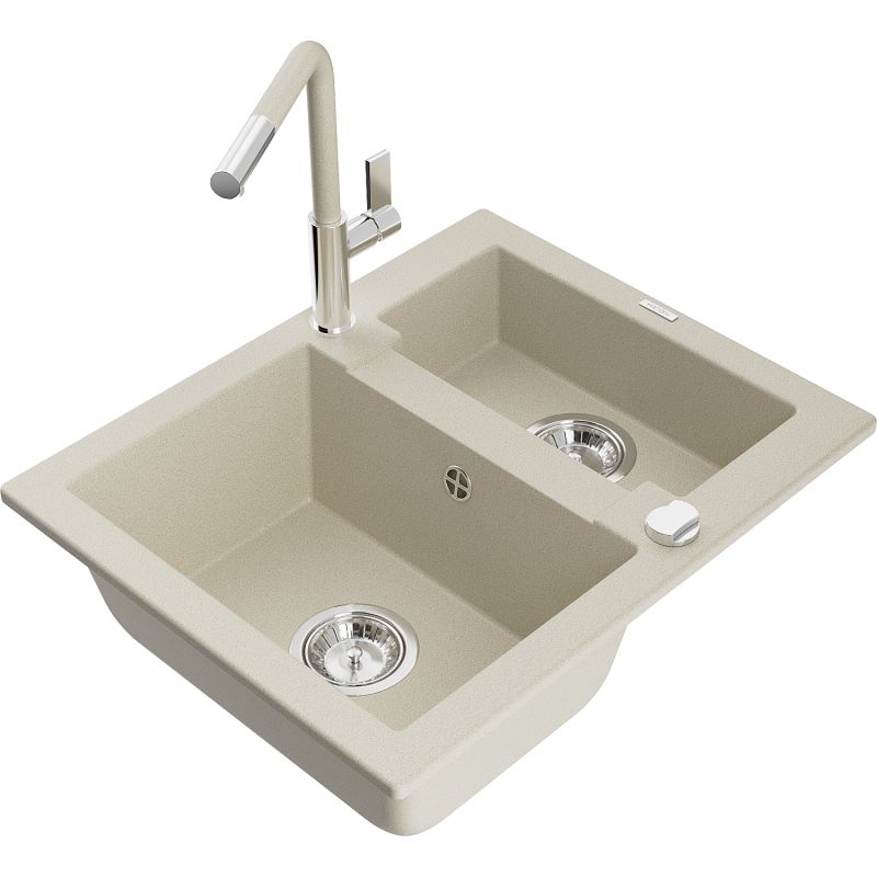 Mexen Carlos granitsænke 1,5-kammer med Flora køkkenarmatur i beige, 1 sæt