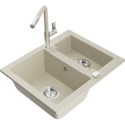 Mexen Carlos granitsænke 1,5-kammer med Flora køkkenarmatur i beige, 1 sæt