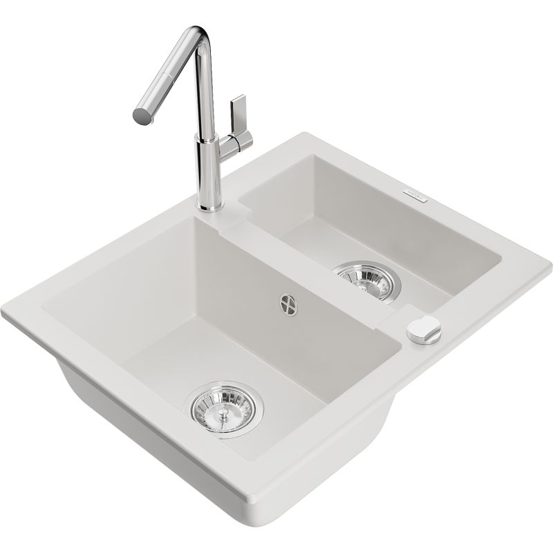 Granitsænke Mexen Carlos 1,5-kammer med Flora køkkenarmatur, hvid, 1 sæt