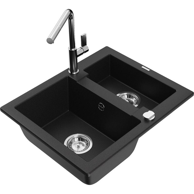 Granitsænke 1,5-kammers Mexen Carlos med Flora køkkenarmatur i sort, 1 sæt