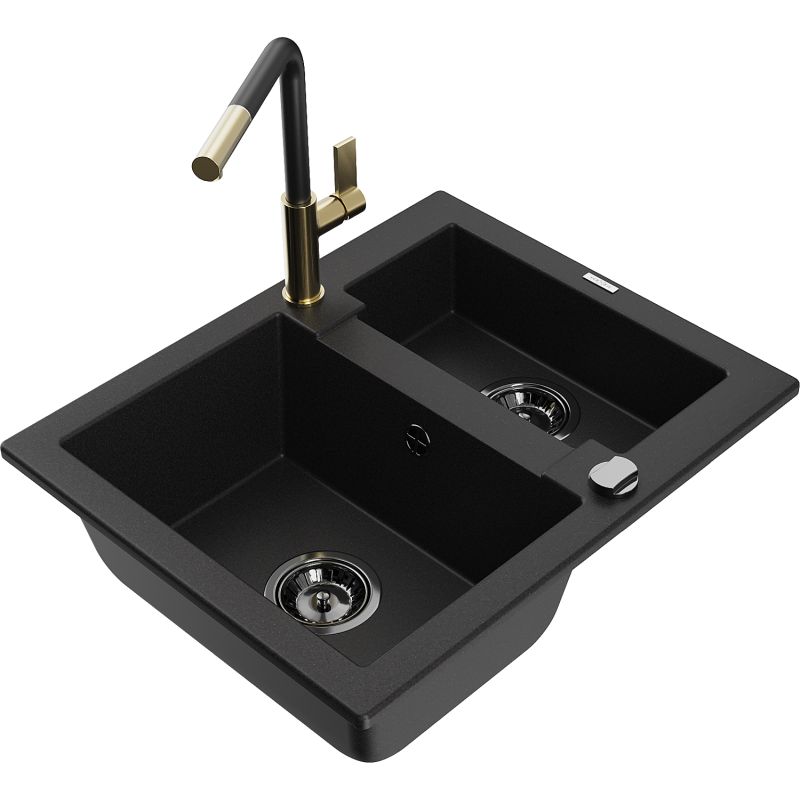 Granitsæbe 1,5-kammer Mexen Carlos med Flora køkkenarmatur i sort, 1 sæt